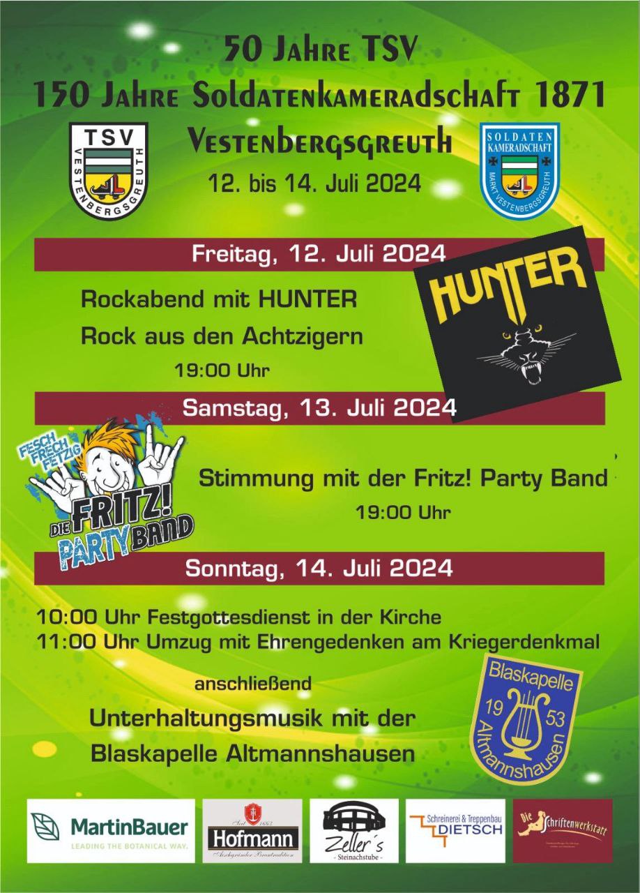 Flyer informiert über das Fest in Vestenbergsgreuth am 13.7.2024